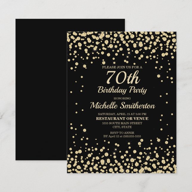 Black Gold Diamond Glitter Women's 70th Birthday Card (Front/Back)
