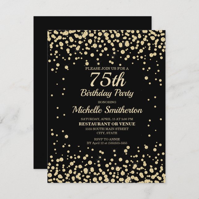 Black Gold Diamond Glitter Women's 75th Birthday Card (Front/Back)