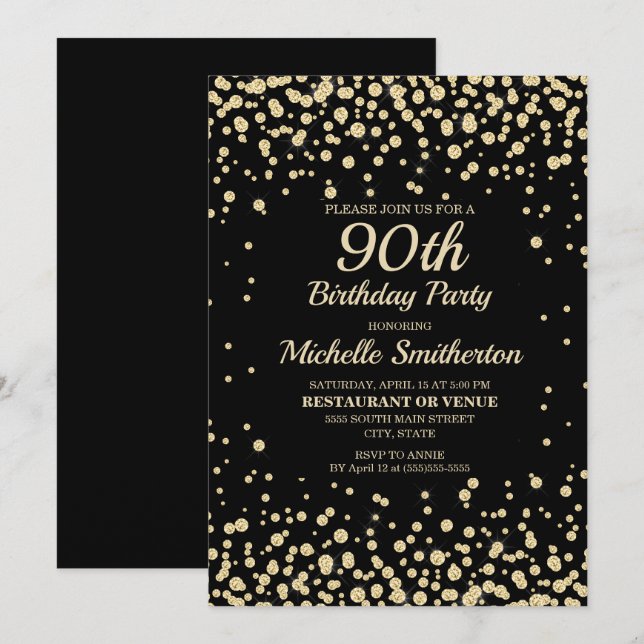 Black Gold Diamond Glitter Women's 90th Birthday Card (Front/Back)