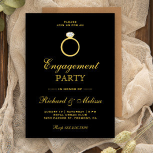 Black Gold Diamond Ring Engagement Party Invite