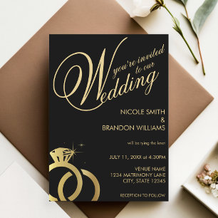 Black & Gold Diamond Ring Wedding Invitation