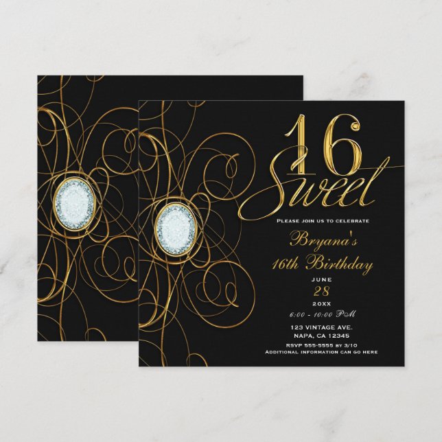 Black & Gold Diamond Sweet 16 Birthday Invitation (Front/Back)
