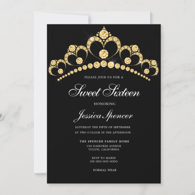 Black & Gold Diamond Tiara Sweet 16 Party Invite (Front)