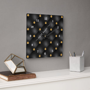 Black Gold Diamond Tufted Clock with Custom Name