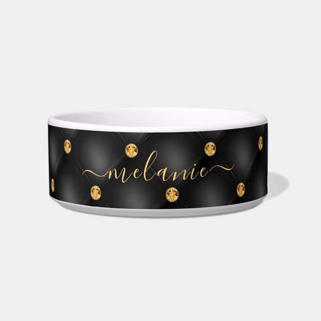 Black Gold Diamond Tufted Custom Name Bowl (Front)