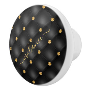 Black Gold Diamond Tufted Custom Name Ceramic Knob