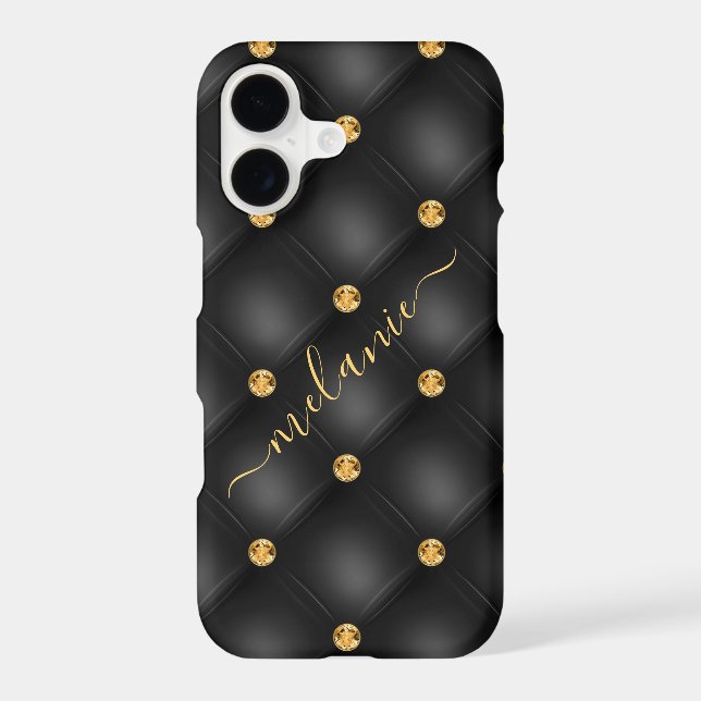 Black Gold Diamond Tufted Custom Name iPhone Case (Back)