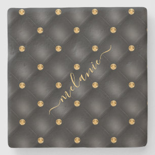 Black Gold Diamond Tufted Your Name Stone Coaster
