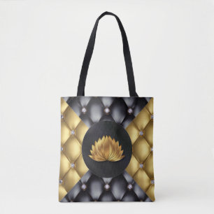 Black Gold Diamonds Lotus Flower Pattern Design Tote Bag