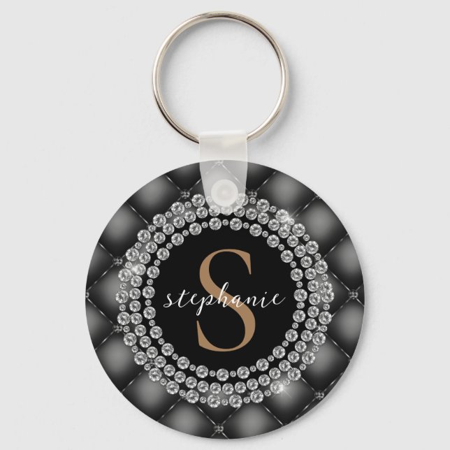 Black Gold Diamonds Monogram Tufted Sparkly Luxury Key Ring (Front)