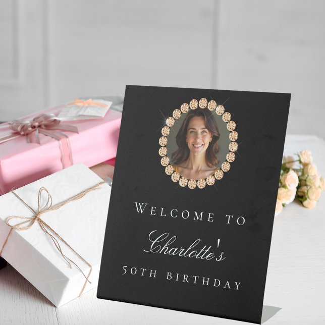 Black gold diamonds photo birthday party welcome pedestal sign (Creator Uploaded)
