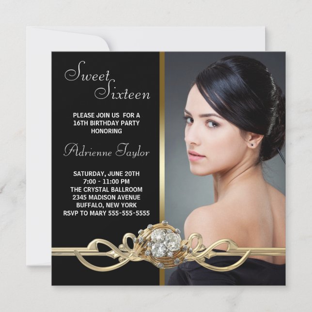 Black Gold Diamonds Photo Sweet Sixteen Birthday Invitation (Front)