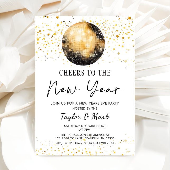 Black Gold Disco Ball Cheers New Years Eve Party Invitation (Creator Uploaded)