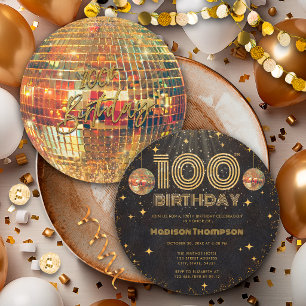 Black Gold Disco Ball Golden Birthday 100th Party  Invitation
