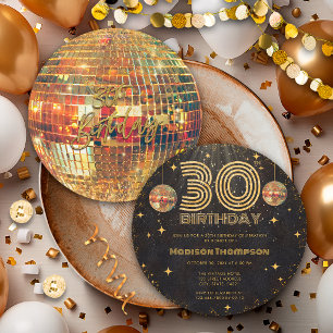Black Gold Disco Ball Golden Birthday 30th Party  Invitation