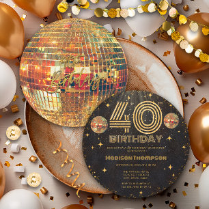 Black Gold Disco Ball Golden Birthday 40th Party  Invitation