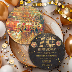 Black Gold Disco Ball Golden Birthday 70th Party Invitation