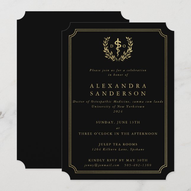 Black/Gold Doctor of Osteopathic Medicine Grad Invitation (Front/Back)