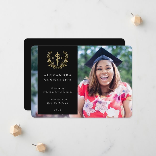 Black + Gold Doctor of Osteopathic Medicine Photo Announcement (Front/Back In Situ)