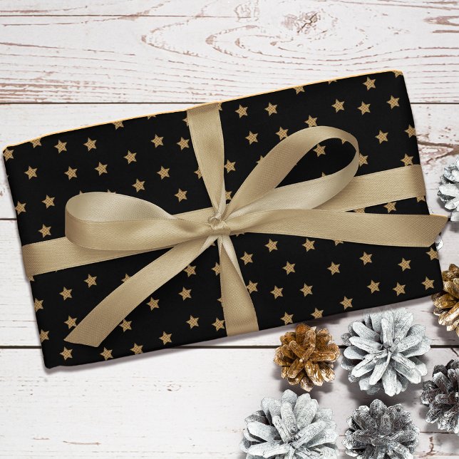 Black Gold Doodle Star Pattern Christmas Wrapping Paper (Creator Uploaded)