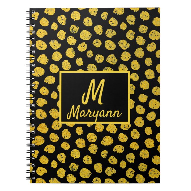 Black Gold Dots Glamorous Name & Monogram Notebook (Front)