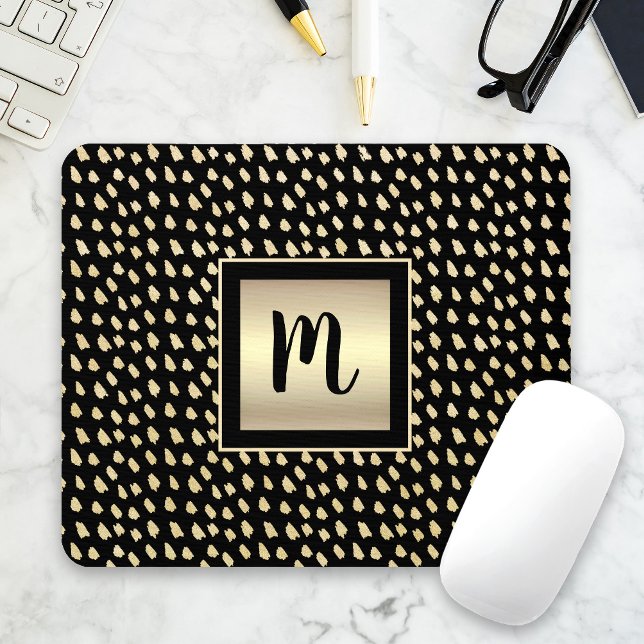 Black gold dots modern bold monogram script luxury mouse mat (Creator Uploaded)