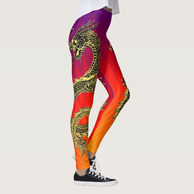 Black Gold Dragons Flames Gradient Leggings (Right)