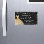 Black gold dress birthday save the date magnet<br><div class="desc">A girly and trendy Save the Date magnet for a 18th (or any age) birthday party. A stylish black background decorated, faux gold glitter sparkles and a golden dress. Personalise and add a date and name/age. The text: Save the Date is written with a large trendy hand lettered style script....</div>