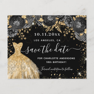 Black gold dress budget birthday save the date flyer