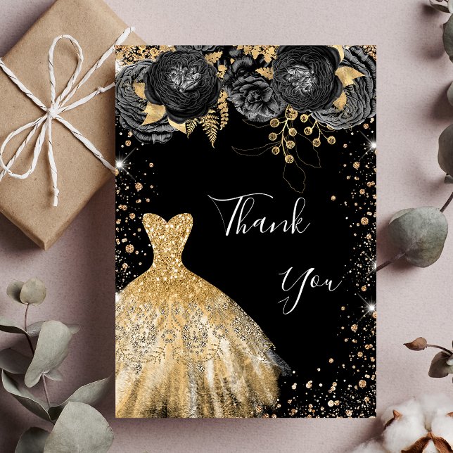 Black gold dress floral birthday thank you card (Creator Uploaded)