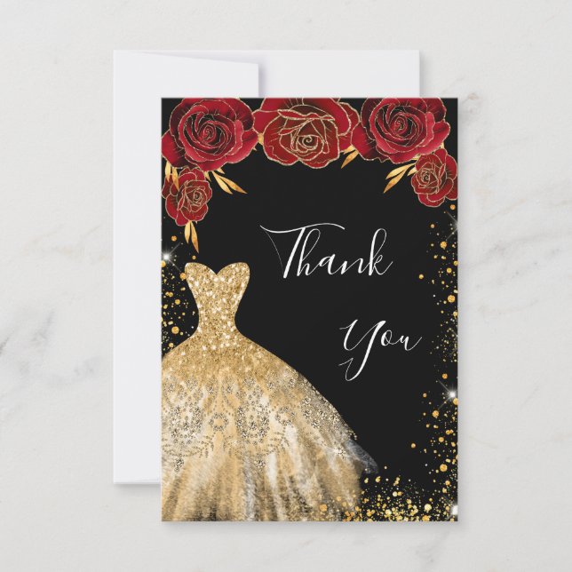 Black gold dress red florals glitter birthday thank you card (Front)