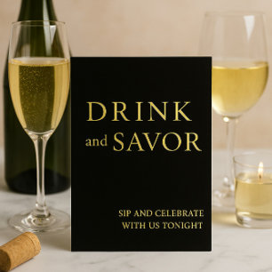 Black & Gold Drink & Savor Wedding Bar Sign Foil  Foil Holiday Card