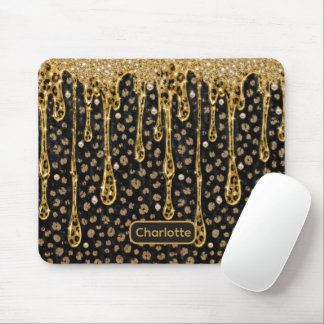 Black Gold Dripping Glitter Animal Print Glam Lux Mouse Mat