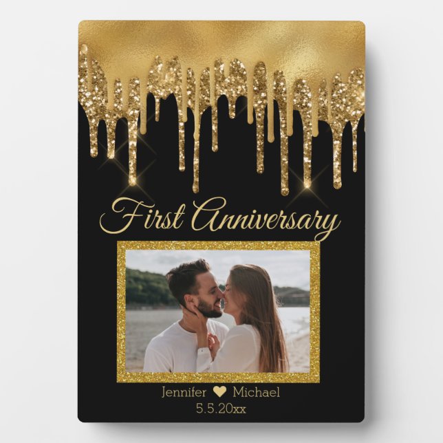  black gold dripping glitters first anniversary  plaque (Front)