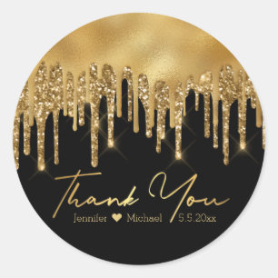 black gold dripping glitters thank you wedding classic round sticker