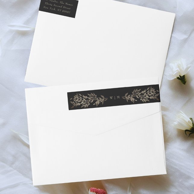 Black Gold Ebony Botanical Monogram Wedding Invite Wrap Around Label (Creator Uploaded)
