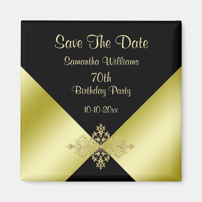 Black & Gold Elegance 70th Birthday Save The Date Magnet (Front)