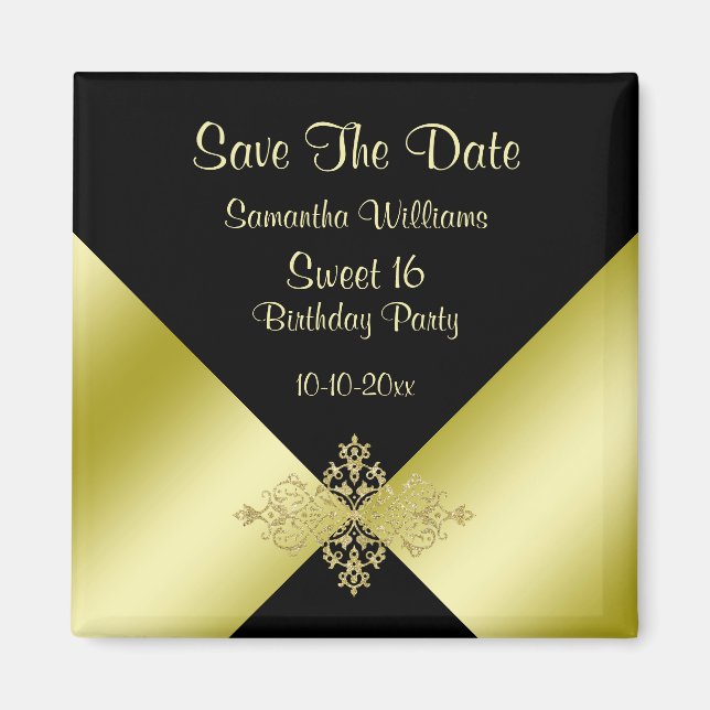 Black & Gold Elegance Sweet 16 Save The Date Magnet (Front)