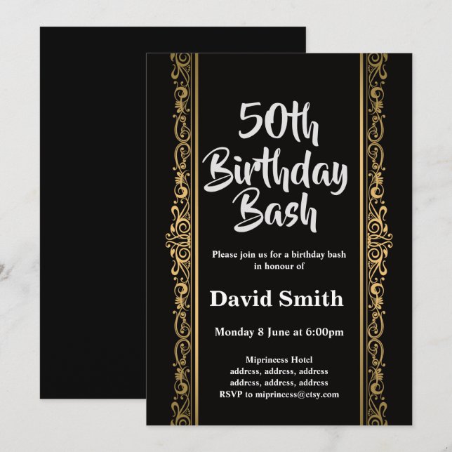 black, gold, elegant, birthday bash invitation (Front/Back)