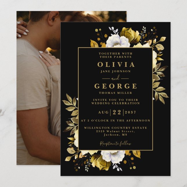 Black Gold Elegant Botanical Floral Photo Wedding Invitation (Front/Back)