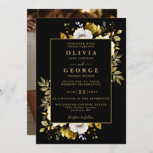 Black Gold Elegant Botanical Floral Photo Wedding Invitation