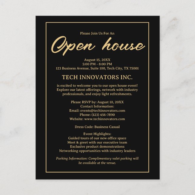 Black &Gold Elegant Business Open House Invitation Postcard (Front)