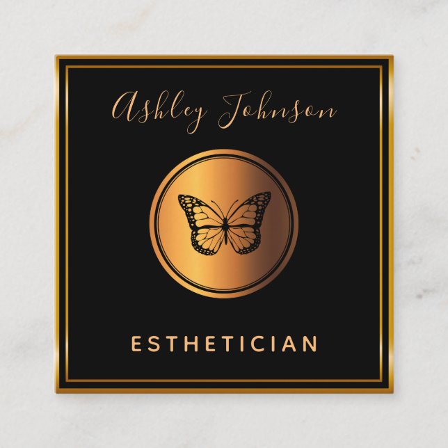 Black & Gold Elegant Butterfly Aesthetician Classi Square Business Card (Front)