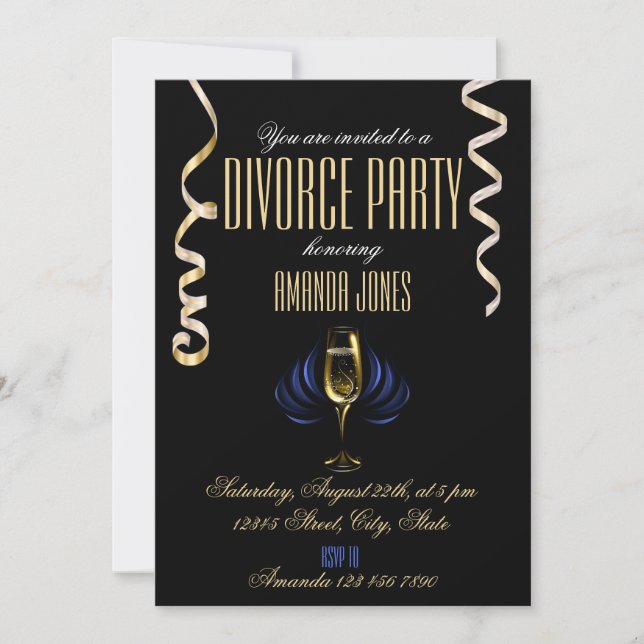 Black gold elegant champagne divorce party invitation (Front)