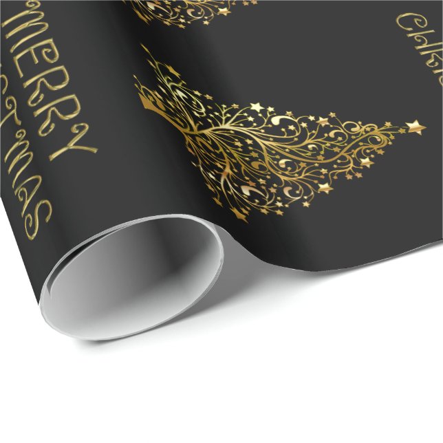 Black Gold Elegant Chic Christmas Tree Stars Wrapping Paper (Roll Corner)