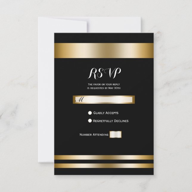 Black & Gold Elegant Chic Party Wedding RSVP (Front)