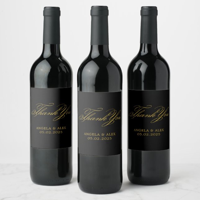 Black Gold Elegant Classic Wedding Thank You Wine Label (Bottles)
