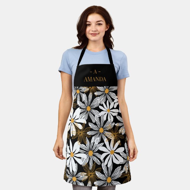 Black Gold Elegant Daisy Floral Abstract Monogram Apron (Worn)