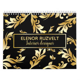 Black gold elegant floral damask Luxe design Calendar