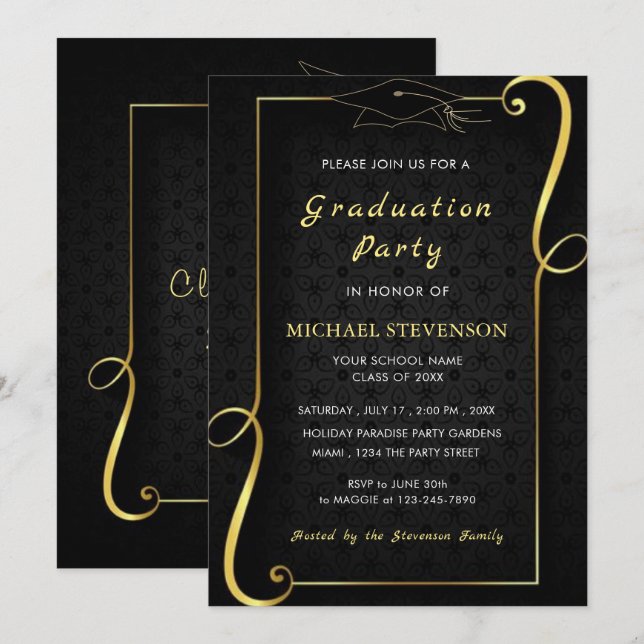 Black Gold Elegant Framed Grad Party Invitation (Front/Back)